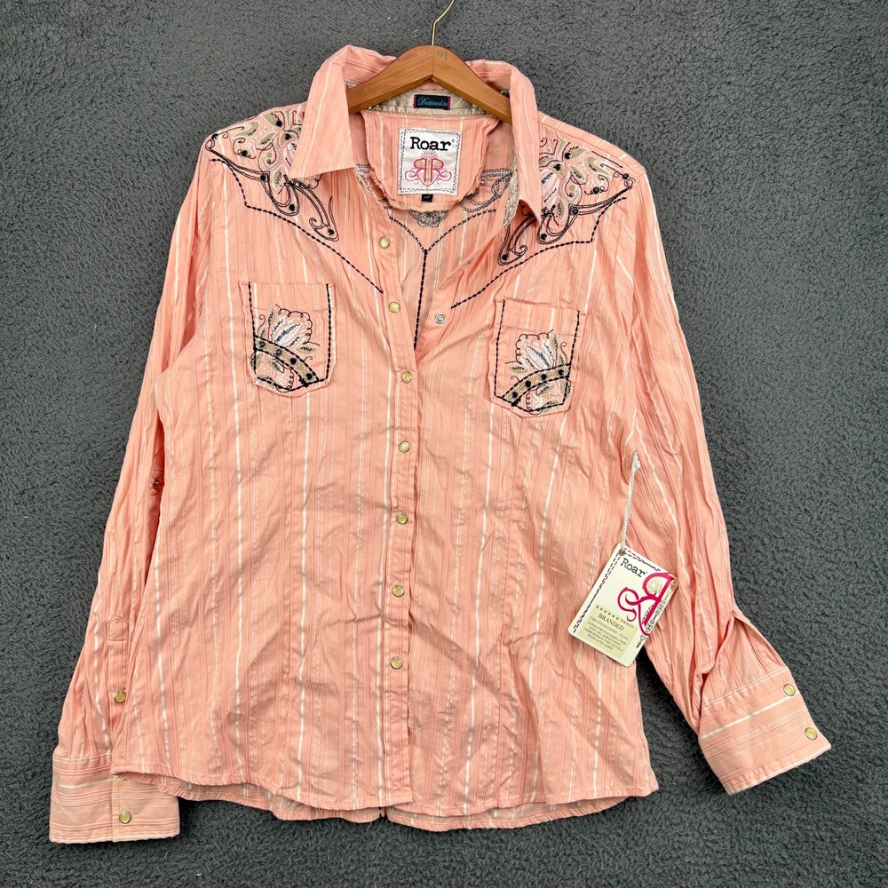 Roar Womens XL Peach Striped Western Button Up Shirt Embroidered Rhinestone NWT